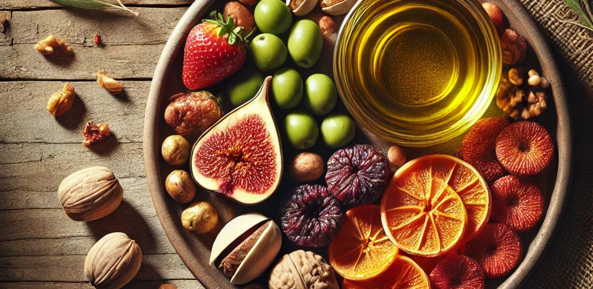DALL·E 2024-11-30 14.19.50 - A realistic and premium-style image featuring a well-arranged plate of gourmet foods, including olive oil, dried figs, pistachios, walnuts, dried stra